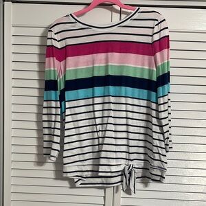 Kim Rogers White and Blue 3/4 Sleeve Tie Front Tee